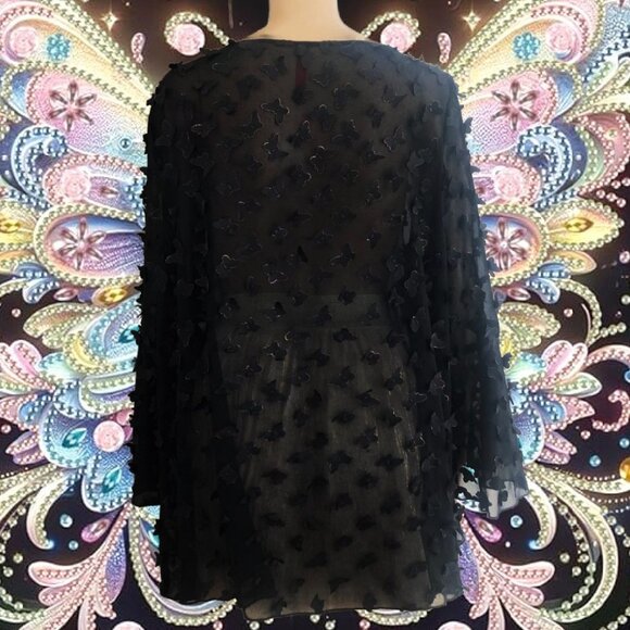 IC BY CONNIE K Black Rainbow Edges 3D Butterfly Embroidery Bell Sleeve Top Sz 2X - Picture 4 of 5